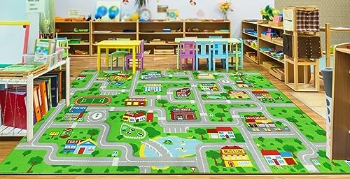 Capslpad Green Car Road Kid Rug Carpet Playmat for Playoom Traffic Road Kids Play Mat for Toddler Non Slip Washable City Map Race Track Carpet Rug for Kids Room Playroom Classroom Decor,6.6'x9.8' by CapslpadDirect