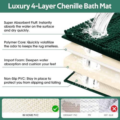 Christmas Striped Deep Green Bathroom Rug Mat Set 2 piece 32"x20"+24"x17" Ultra Soft, Non Slip Chenille Bath Rugs, Absorbent Plush Shaggy Bath Mats for Bathroom, Bedroom, Kitchen, Shower, Tub - Image 5