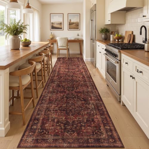 Washable Hallway Runner Rug 3'x10', Vintage Medallion, Dark Red - Image 4