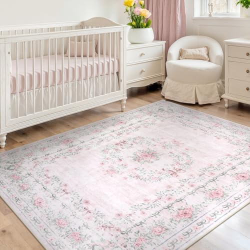 Wonnitar Floral Bow Pink Rug for Bedroom, Washable 5x7 Area Rug for Girls Nursery, Ultra-Thin Non Slip Soft Boho Carpet for Kids Room Dorm Living Room, Light Pink by Wonnitar
