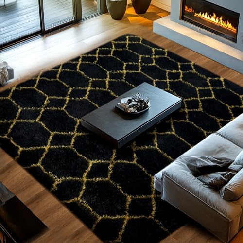 Topmaxcs Shag Rugs for Living Room 8x10: Black and Gold Geometric Area Rug - Image 3