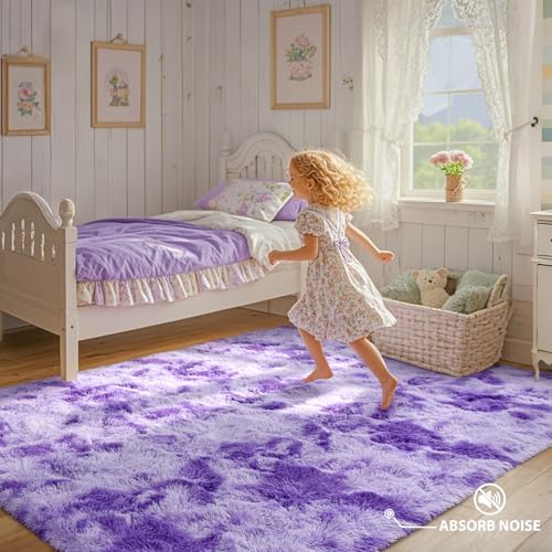 Purple White Rug Fluffy 4x6 Bedroom Rugs Girls,Plush Soft Fuzzy Area Carpet Non Slip for Living Room Nursery Kids Girlie Elegant Home Decor Aesthetic - Image 4
