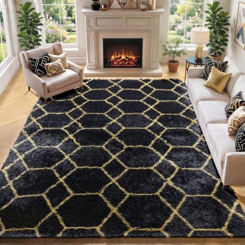 8x10 Area Rugs for Living Room, Fluffy Black and Gold Bedroom Geometric Rug by ONASAR