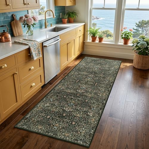 Non Slip 2x6 Kitchen Runner Rug Washable, Hallway Runner Rugs, Boho Vintage Floral Black Carpet Stain Resistance Ultra Soft Low Pile for Entryway, Bathroom Mats for Floor - Image 4