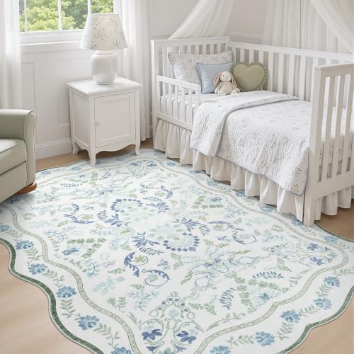 DCX Blue and Green 4x6 Rug, Washable Botanical Scalloped Rug - Image 4