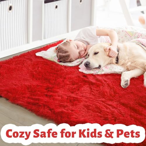 Amdrebio Red Christmas Fluffy Area Rug 4x6 for Boys Bedroom Living Room - Image 2