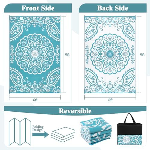 Pauwer Outdoor Rug 6x9, Waterproof Plastic Straw Camping Rug, Boho Teal - Image 2