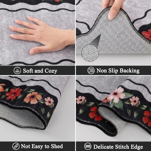 Vaukki Boho Kitchen Rug Sets of 3,Flower Black Washable Kitchen Floor Mat - Image 3