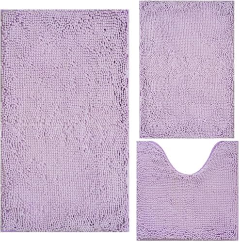 Bathroom Rugs Chenille 3-Piece Extra Soft and Absorbent Shag Bathroom Rugs, Machine Wash Mat, Strong PVC Non-Slip Underside, Plush Carpet Mats, Lavender by BOANKODU