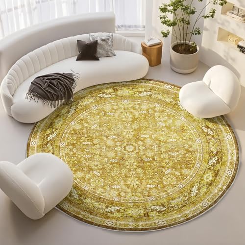OPPODREAM Vintage Yellow Area Rugs 6' Round, Washable Rug for Living Room by OPPODREAM