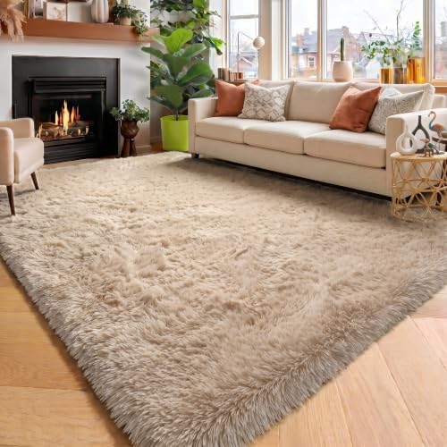 Amdrebio Beige Boho Large Fluffy Shag Area Rug 6x9 for Living Room Bedroom - Image 5