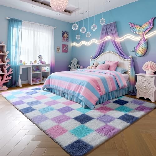 KICMOR Purple Rainbow Checkered 5x7 Area Rugs for Living Room, Colorful Fluffy Soft Fuzzy Shag Shaggy Bedroom Carpet, Cute Indoor Furry Plush Rug for Kids Girls Dorm Nursery Home Decor Aesthetic - Image 3