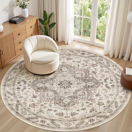 cotiled 8ft Round Living Room Area Rug, Washable, Traditional, Light Brown by COTILED