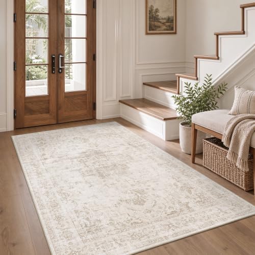 Washable 3x5 Porch Area Rug Soft Medallion Neutral Beige Throw Carpet by HOME