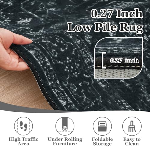 Distressed Black Kitchen 2x3 Rugs Non Slip Washable, Vintage Medallion Pinted Dark Door Mat Indoor Entrance Entryway, Small Low Pile Rugs for Bathroom Vanity/Laundry Room/Bedroom - Image 5