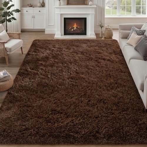 8x10 Area Rug Living Room Bedroom: Fluffy Plush Shag Carpet Brown by Luxturiy