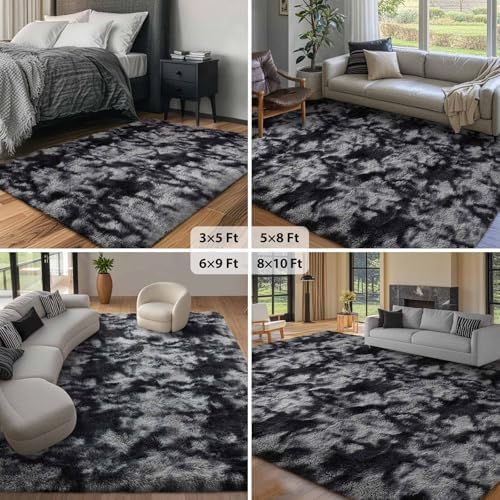 6x9 Non-Slip Fluffy Area Rugs For Living Room (Tie-dye Dark Grey) - Image 6