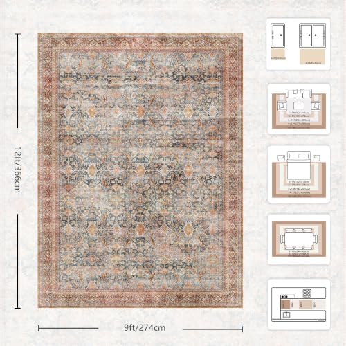 9x12 Area Rugs for Living Room - Washable Vintage Retro Large Rug, Soft Ultra Thin Non Slip Low Pile Traditional Distressed Boho Carpet for Bedroom Dining Room Home Office, Rust Clay - Image 2