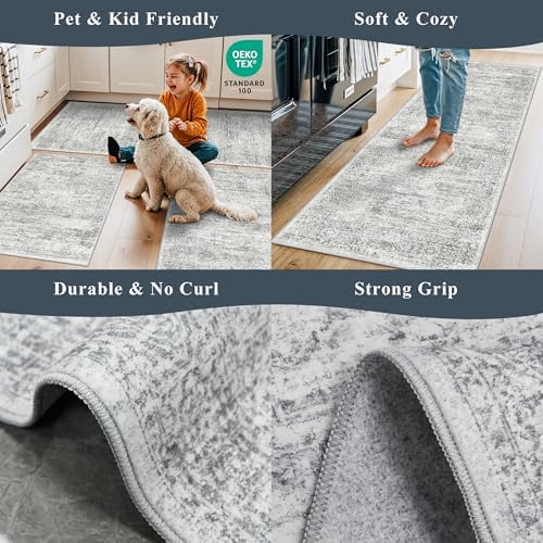 Washable Rug 2x3 for Entryway, Small Non-Slip Kitchen Throw Mat for Sink, Soft Low-Pile Stain & Fade-Resistant Indoor Mat for Pet Area & Bathroom (Grey/Ivory) - Image 5