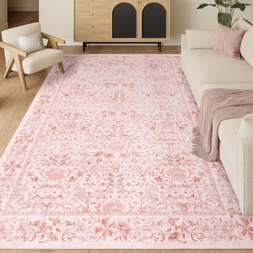 DUKINO 5x8 Area Rug, Vintage Floral Washable Rugs for Living Room, Pink by DUKINO