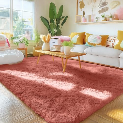 OLANLY Area Rugs for Living Room Bedroom, Machine Washable 4x5.9 ft Soft Fluffy Shaggy Bedside Rug, Indoor Floor Carpet for Kids Girls and Boys, Dorms, Nursery Rooms, Home Decor Aesthetic, Rust Red - Image 3