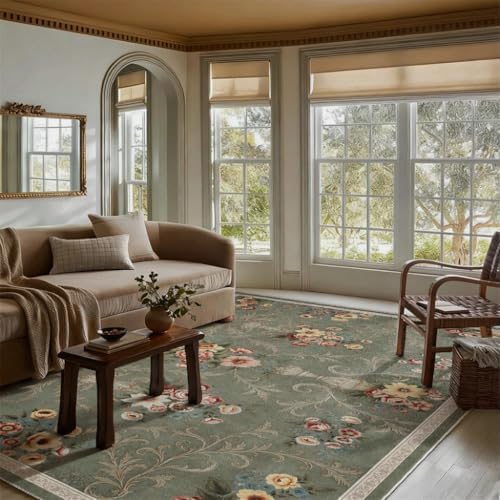 Helthep 5 * 7ft Vintage Green Floral Washable Area Rug for Living Room - Image 5
