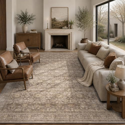 JOOJA 9x12 Neutral Tan Vintage Floral Non Slip Washable Boho Retro Area Rug - Image 2
