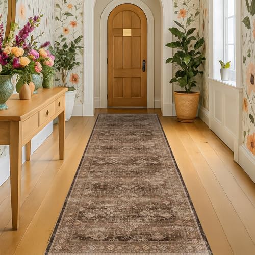 Brown Boho Washable 2x7 Runner Rugs for Hallway Kitchen Bedroom Beside Laundry Room Bathroom Rug, Pet & Kids Friendly, Non Slip Low Pile Stain Resistant Soft Faux Wool Long Dark Earthy Floor Carpet by HazoHaus