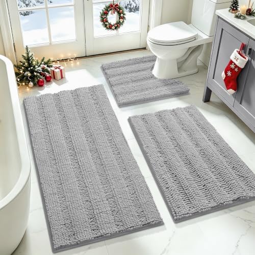 ACCUMTEK Striped Light Grey Bathroom Rug Set 3 Pieces Gray Ultra Soft, Non Slip Chenille Toilet Mat, Absorbent Plush Shaggy Bath Mats for Bathroom, Bedroom, Kitchen by ACCUMTEK