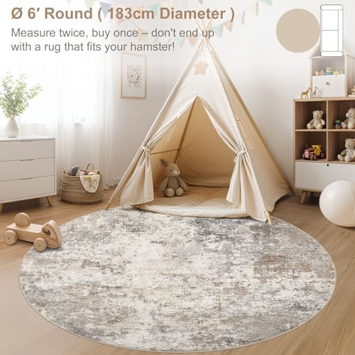 UERMEI 6ft Round Area Rug Living Room Rugs - 6x6 Washable Neutral Modern Abstract Soft Thin Rug Indoor Floor No Slip Rug Carpet for Bedroom Under Dining Table Home Office Decor - Brown Grey - Image 3