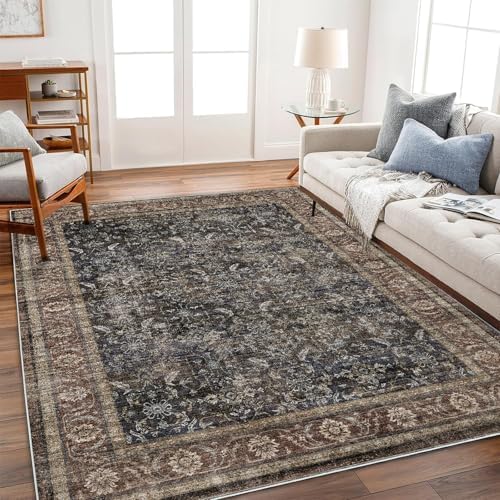 CHAMPLANT Washable Area Rug 4'x6' Vintage Traditional Floor Cover Foldable Thin Rugs Retro Kitchen Indoor Distressed Non Slip Carpet Floral Print Mat Bedroom Living Room by CHAMPLANT