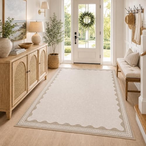 GarveeHome Scalloped 3x5 Rug Washable Non-Slip Low-Pile Indoor Rugs for Entryway Solid Beige Modern Carpet for Kitchen Bedroom Living Room Bathroom Indoor Mat by GarveeHome