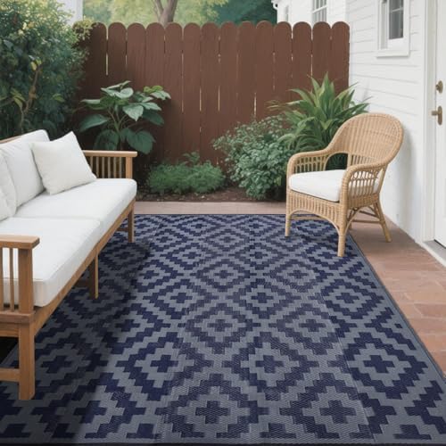 SAND MINE Reversible Mats, Plastic Straw Rug, Modern Area Rug, Large Floor Mat and Rug for Outdoors, RV, Patio, Backyard, Deck, Picnic, Beach, Trailer, Camping (6' x 9', Blue Grey Lattice) - Image 5