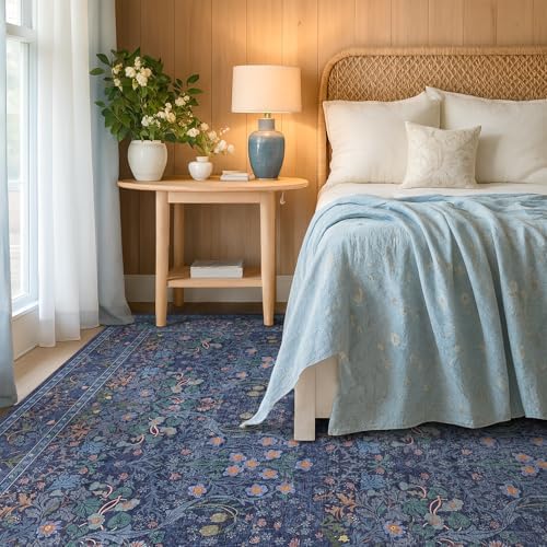 Washable Dark Blue Rug for Living Room - 10x14 Large Area Rug for Dining Room Under Table, Bedroom, Soft Low Pile Non-Slip Stain Resistant Carpet - Vintage Navy Floral Design - Image 3