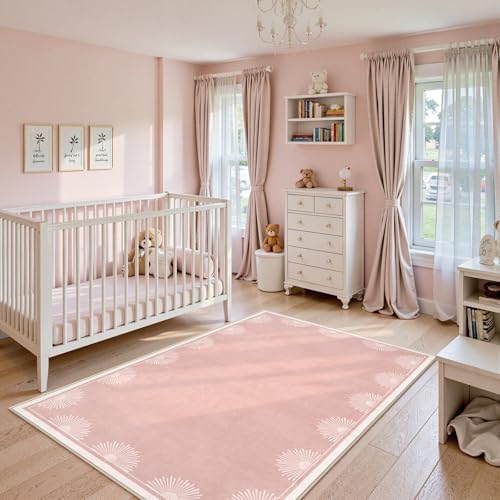 Hedlive Modern 3x5 Pink Rugs for Bedroom Girls,Ultra Thin Nursery Rug for Girls Room, Sun Printed Non Slip Washable Area Rug,Soft Non Shedding Throw Carpet for Playroom Classroom(3'x5',Pink) - Image 2