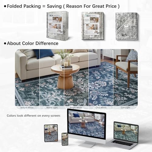 DCX Washable Blue 4x4 Round Rug Botanical Floral Rug - Image 4