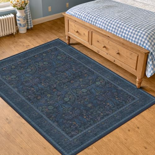 Washable Dark Blue 5x7 Living Room Area Rug - Small Dining Room Rugs for Under Table, Non Skid & Low Pile Bedroom Carpet, Thin Nature Botanical Pattern Mats (Navy Blue) - Image 6