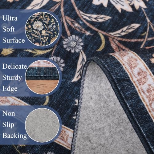 DUKINO 2x10 Runner Rug for Hallway, Washable Vintage Floral Rug, Navy Blue - Image 6