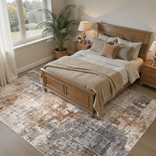 DMOYEST Area Rug Living Room Rugs - 8x10 Washable Large Soft Indoor Neutral Modern Abstract Low Pile Rug Carpet for Bedroom Dining Room Farmhouse Home Office - Grey Brown - Image 3