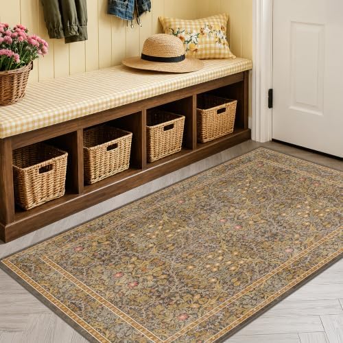 Vintage Floral Brown 3x5 Area Rugs for Entryway, Kitchen, Bathroom, Bedroom Beside Rug, Laundry Room, Non-Slip Low Pile Ultra Soft Stain Resistant Small Gold and Taupe Carpet by HazoHaus