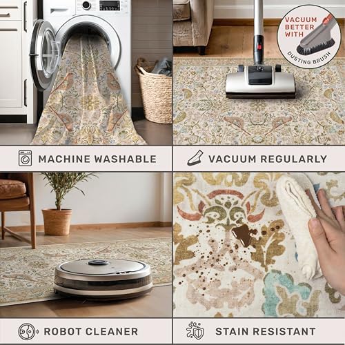 Washable Area Rugs 5x8 for Bedroom - Western Nature Rugs for Living Room, Dining Room,Playroom, Guest Room with Boho Beige Neutral Botanical & Bird Pattern, Non Slip Stain Resistant Low Pile - Image 4