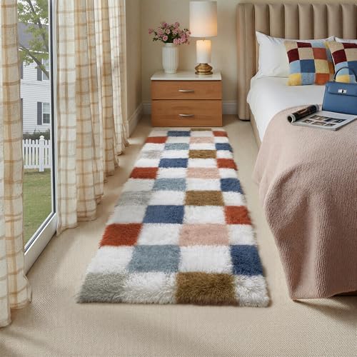 PureCozy Checkered Runner Rug 2x6 for Bedroom Soft Fluffy Shag Carpet by PureCozy