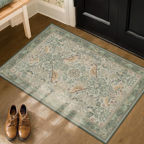 Sage Green Boho Bathroom Rugs - 2x3 Washable Non-Slip Soft Low Pile Area Rug for Entryway, Kitchen, and Decorative Door Mats - Vintage Farmhouse Design with Bird & Botanical Pattern Boho Décor - Image 3