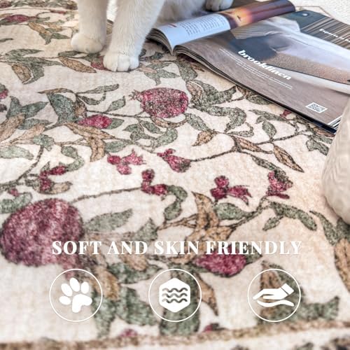 jinchan 5ft Round Rug Floral Vintage Washable Area Rug, Red/Green - Image 6