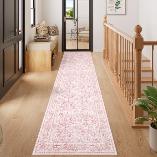 DUKINO 2x8 Runner Rug, Washable Vintage Floral Kitchen Rugs, Light Pink - Image 3