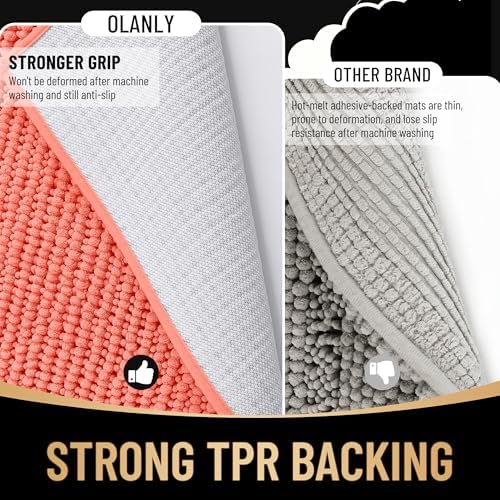 OLANLY Thick Chenille Bathroom Runner Rugs 44x24, Absorbent Bath Mat, Coral - Image 5