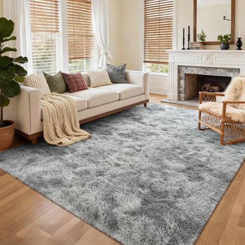 5x8 Ft Large Shag Rugs for Living Room, Tie Dyed Ultra Soft Fluffy Furry Area Rugs for Bedroom Indoor Floor, Aesthetic Carpet for Kids Home Decor (Light Grey) by Cuzwlovita