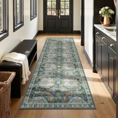2x6 Hallway Runner Rug, Washable Vintage Retro Long Runner Rugs for Kitchen Laundry, Soft Ultra Thin Non Slip Low Pile Traditional Area Carpet for Bedroom Bathroom Indoor, Green - Image 3