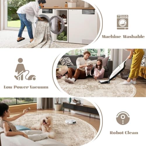 Round Rugs 6ft Washable Rug, Vintage Boho Medallion Rugs Non-Slip Soft Low Pile Circle Distressed Rug Indoor Retro Carpet for Living Room Bedroom Dining Room Home Office (Brown, 6' Round) - Image 6