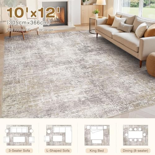 kakania Abstract 10x12 Area Rugs for Living Room: Washable Rugs Brown Gold - Image 2